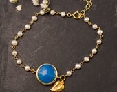 White Pearl Bracelet - Charm Bracelet - Deep Blue Chalcedony - Gold bracelet - Wire wrapped - Something blue - bridesmaid bracelet