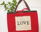 Red Tote. Mothers Day, LOVE, pocket, fun, handmade, hand painted, elegant.