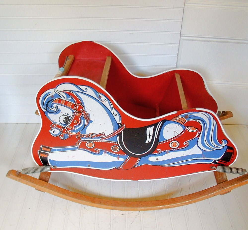 Bouncing Wooden Red Rocking Horse - Vintage Ride On Photo Prop - Shabby Farmhouse Doll Display Decor - FREE Shipping