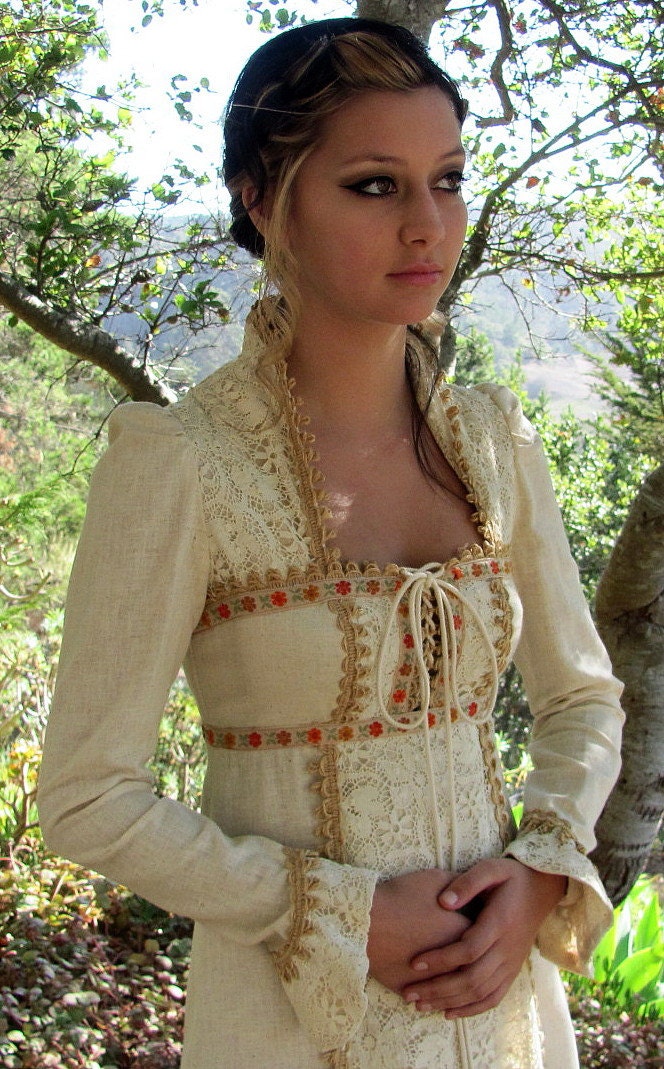 Vintage Black Label Gunne Sax Cream Color with Flower Ribbon and Hemp Trim - Free U. S. Ship - Treasury 2X