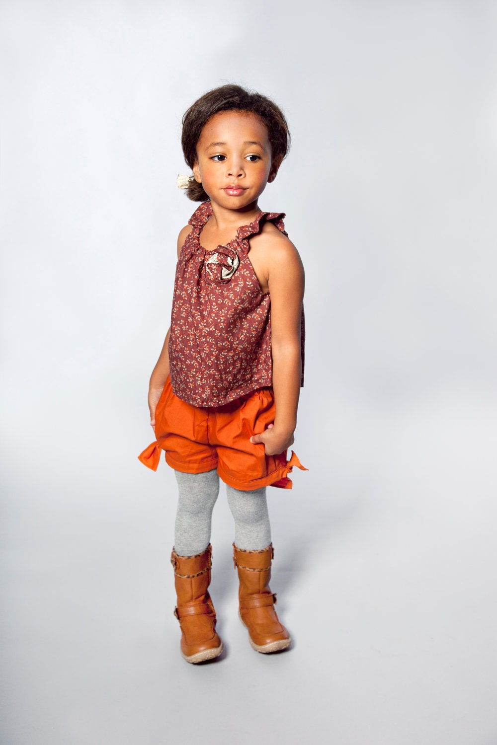 Girls Blouse - In Brown and Orange Berry Ruffle