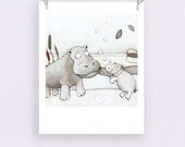 Hippo Bubbles - African Animal 8x10" / A4 Fine Art Print. Neutral colours . Hippo and Baby . - RoocciArt