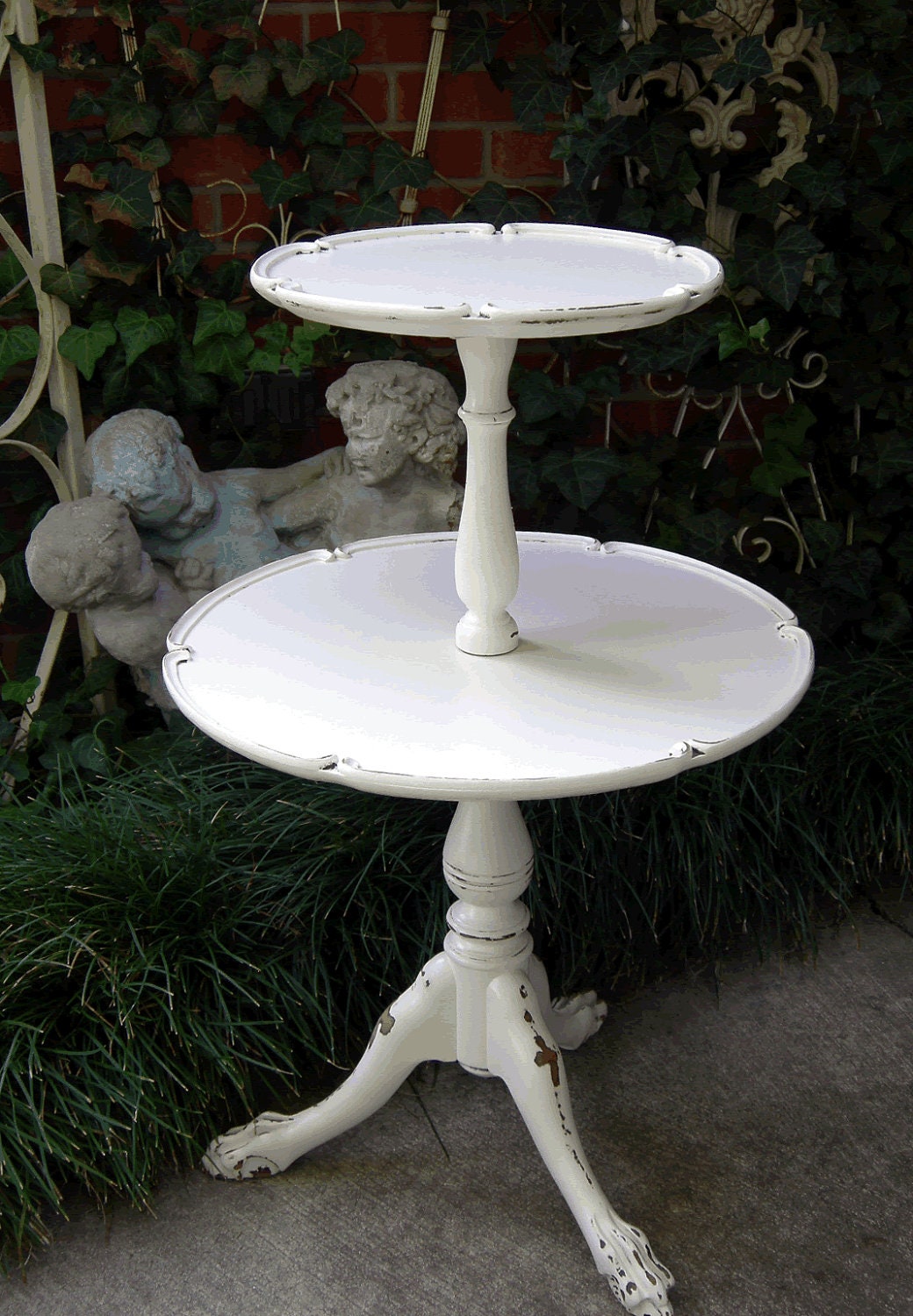 Antique SIDE TABLE 2 Tier Pie Crust Round Tops Shabby Chic French White Solid Wood Furniture
