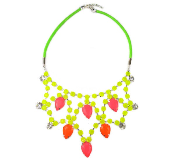 Neon Yellow, Hot Pink and Neon Orange Crystal Bib Necklace With Neon Green Neck Cord