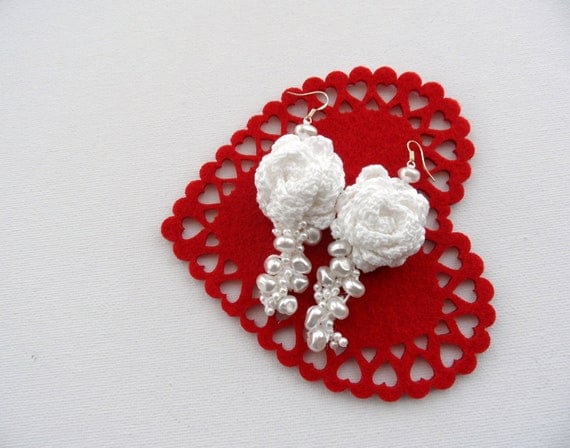 Crochet Earrings - White Earrings - Dangle Earrings - Roses