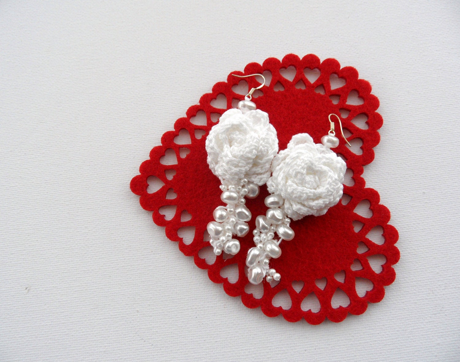 Crochet Earrings - White Earrings - Dangle Earrings - Roses