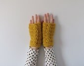 Crochet Gloves, Fingerless Gloves, Crochet Cable Gloves, Crochet Handwarmers in Yellow / The Rainier Handwarmers
