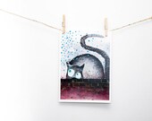 Black Grey Gray Cat art print. Kitty illustration. Kitten Poster. Nursery wall decoration interior design pet painting picture gift idea A4