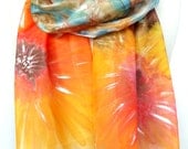 Gift for Her. Painted Silk Scarf. Hand Painted Long Silk Scarf. Orange Silk Scarf. Handmade in Europe. 14x71 in. (35x180 cm). Ready to Ship.