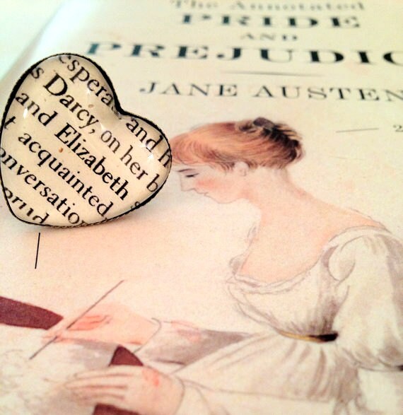Elizabeth Bennet and Mr Darcy Pride and Prejudice Heart Shaped Adjustable Book Page Ring
