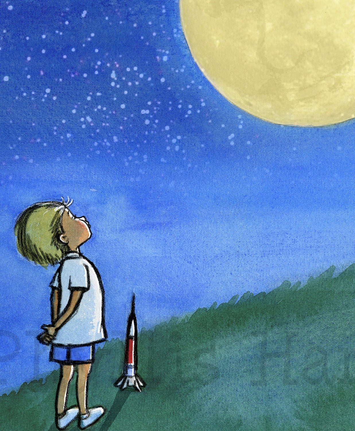 Children's Wall Art Print - Little Boy and the Man in the Moon Illustration - Customizable hair color for boy