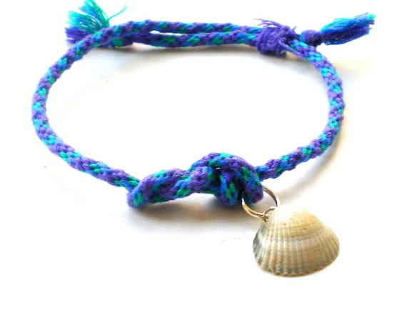Seashell Bracelet, Hand Braided Cord Bracelet, Beach Jewelry, Blue Bracelet