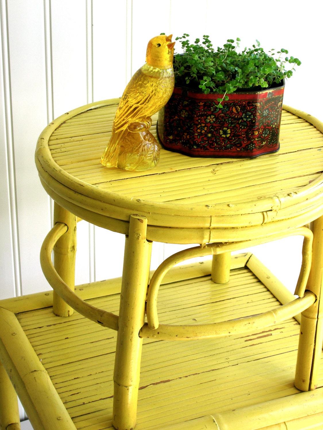 2 Sunny Yellow Bamboo Stools vintage rattan  retro bohemian cottage Nursery decor  accent table home decor painted furniture