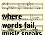 Where Words Fail Music Speaks, Hans Christian Andersen Quote, Sheet Music Art Print - reimaginationprints