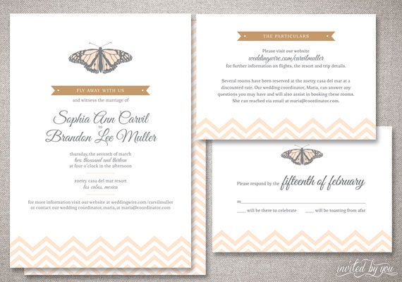 Vintage Chic "Sophia" Wedding Invitation Suite - Chevron Butterfly Destination Invite - Custom DIY Digital Printable or Printed Invitations