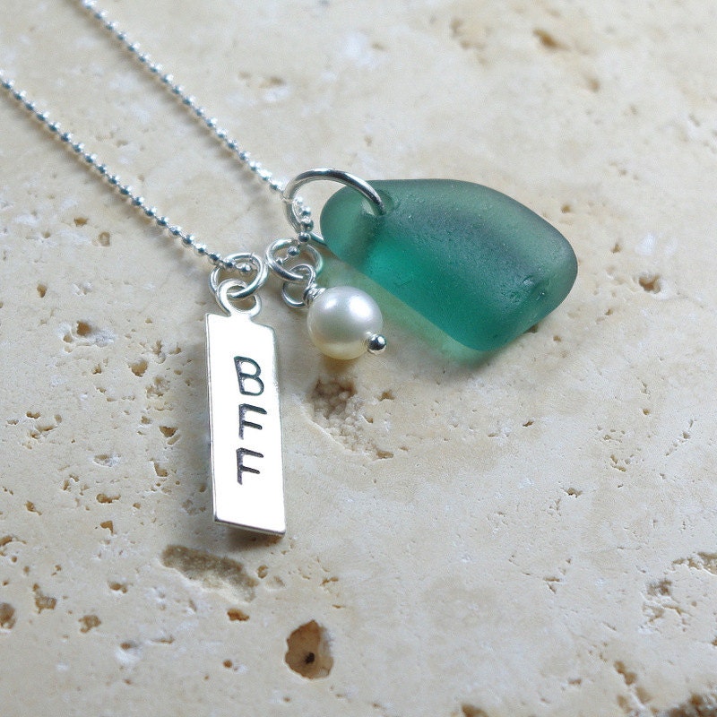Teal Green BFF Handstamped Charm Necklace - Sea Glass Jewelry