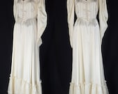 Vintage 70s Dress - 1970s Gunne Sax Wedding Gown - Ivory Satin with Lace  and Faux Pearl Trim - Size XS