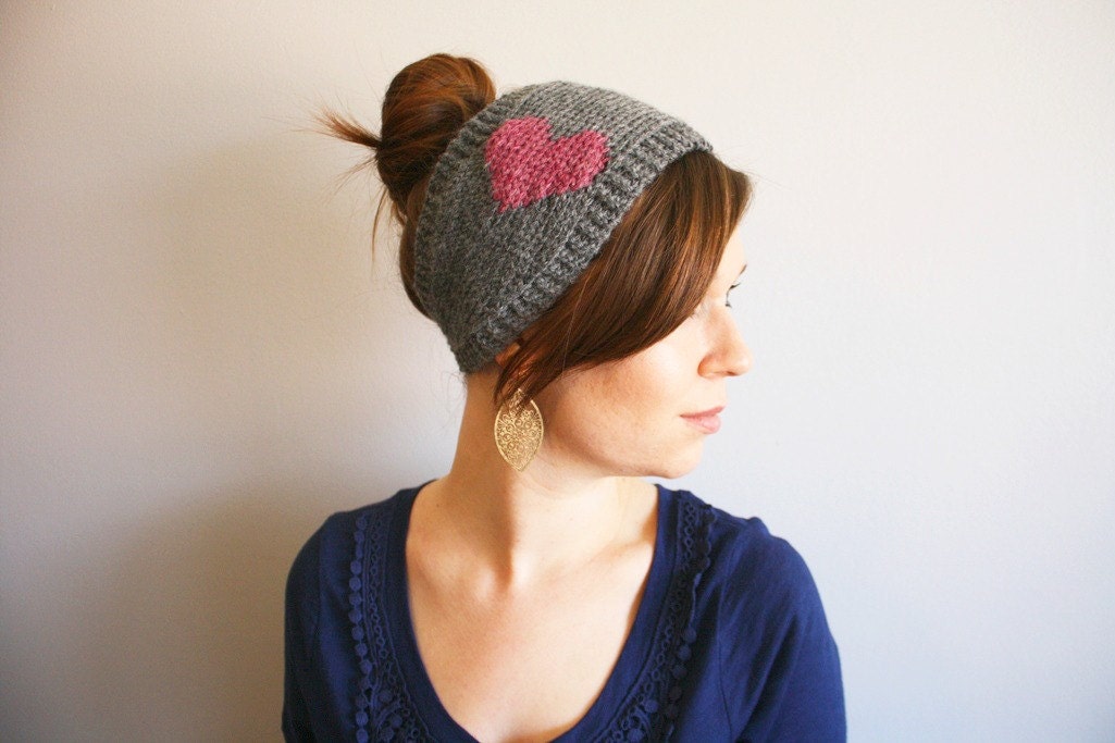 Hand Knit Headband with Heart Oxford Grey and Pink Rose by Rivelo
