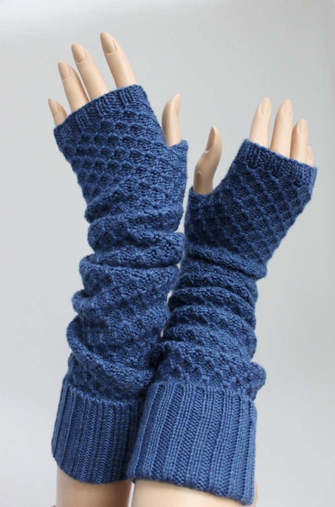 blue denim long fingerless in high quality cashmere and merino wool