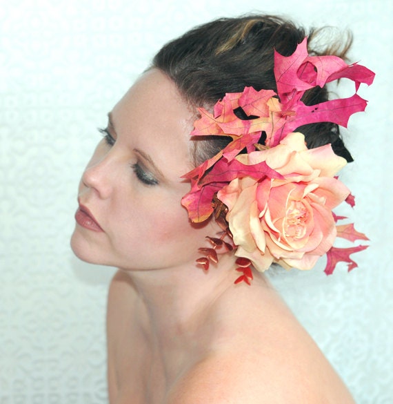 Yellow & Orange Rose, Autumn Leaves, Copper Foliage, Pinecones - OCTAVIA - Fascinator Bridal Wedding Hair Clip Accessory