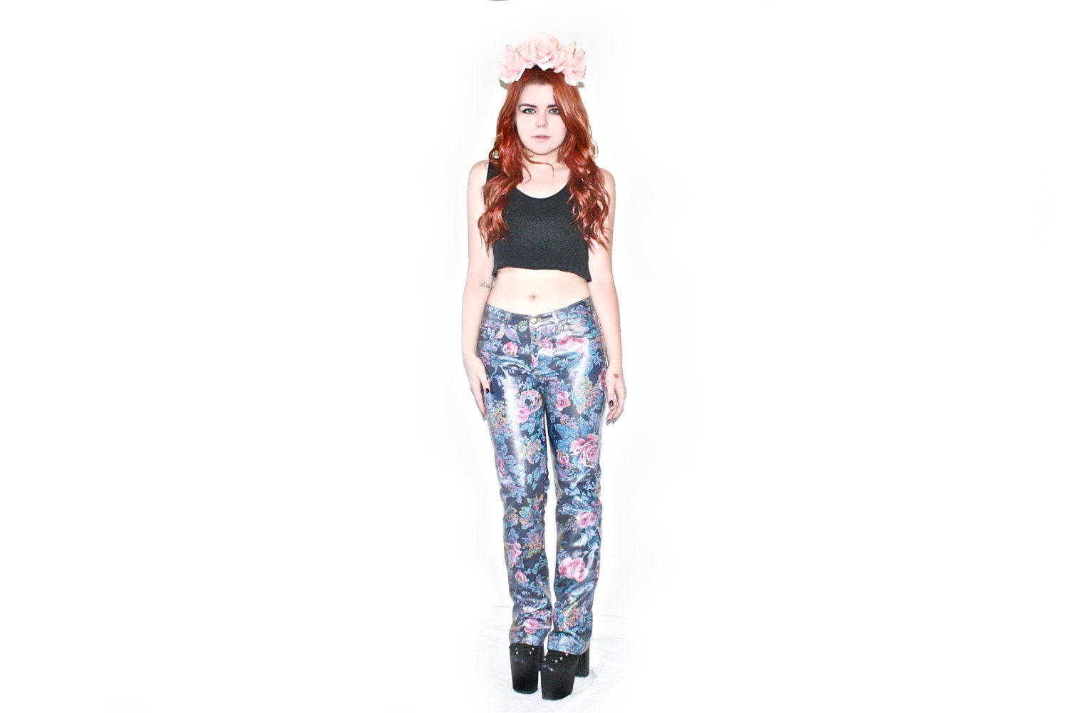 90's Floral Vinyl High Waisted Jean Pants // S