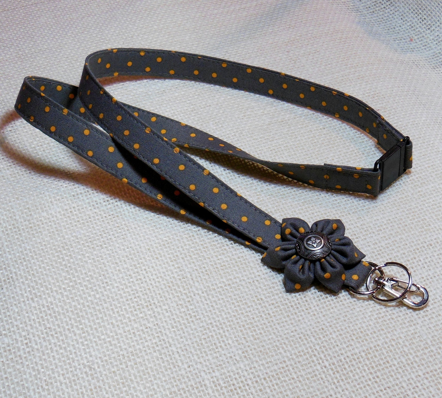 Breakaway Lanyard / ID Badge Lanyard /   Key Lanyard / Id Lanyard / Teacher Gift / Gray With Mustard Dots