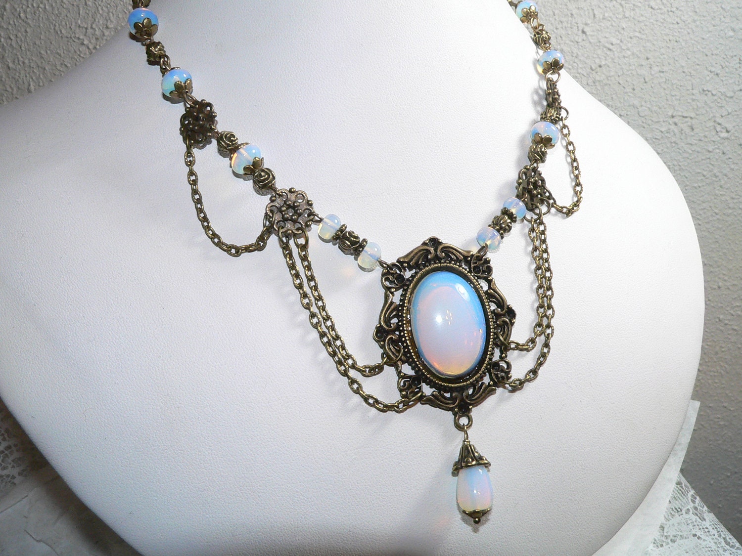 Opaline Moon Stone Cabochon Vintage Style Antique Brass Statement Necklace