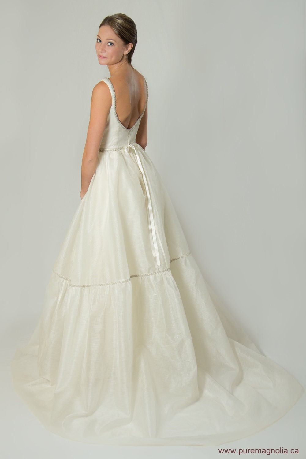 Organza Boat neckline Wedding Dress, Low Ballerina Back, Ball Gown with silver beaded trim, Eco Friendly - Custom Made to Order