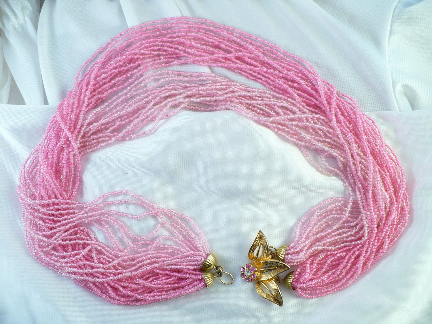 Pretty In Pink Rhinestone & Glass Bead Toursade Necklace, MultiStrand