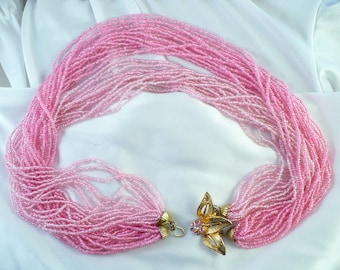 Pretty In Pink Rhinestone & Glass Bead Toursade Necklace, MultiStrand