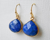 Lapis Lazuli Earrings, Gemstones Bezel Set in 24k Gold Vermeil - Pretty Classic Framed Stone Jewelry - Navy Blue