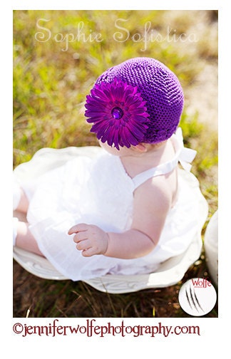 Plum Purple Knit Hat with Purple and Hot Pink Gerber Daisy & Purple Rhinestone Accent - Perfect Gift or Accessory for Baby