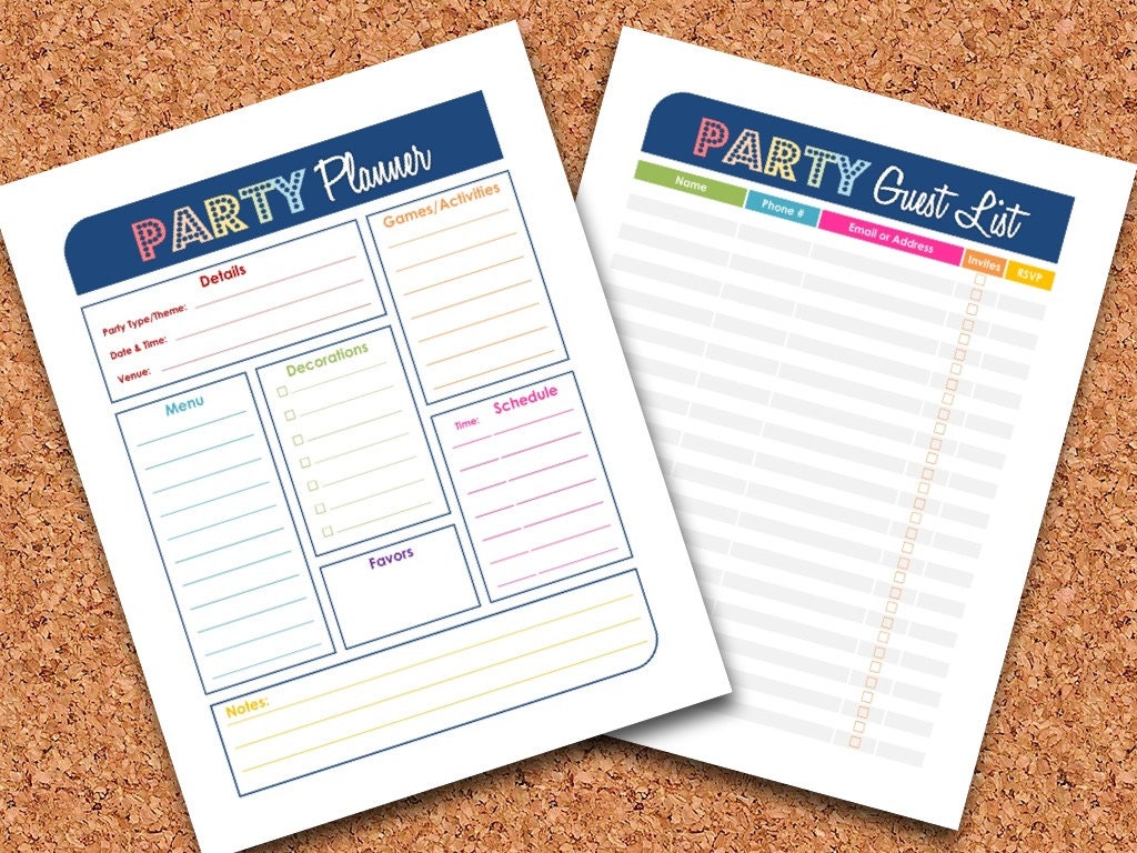 Party Planning Set - Organizing Printables - 2 Worksheets - INSTANT DOWNLOAD