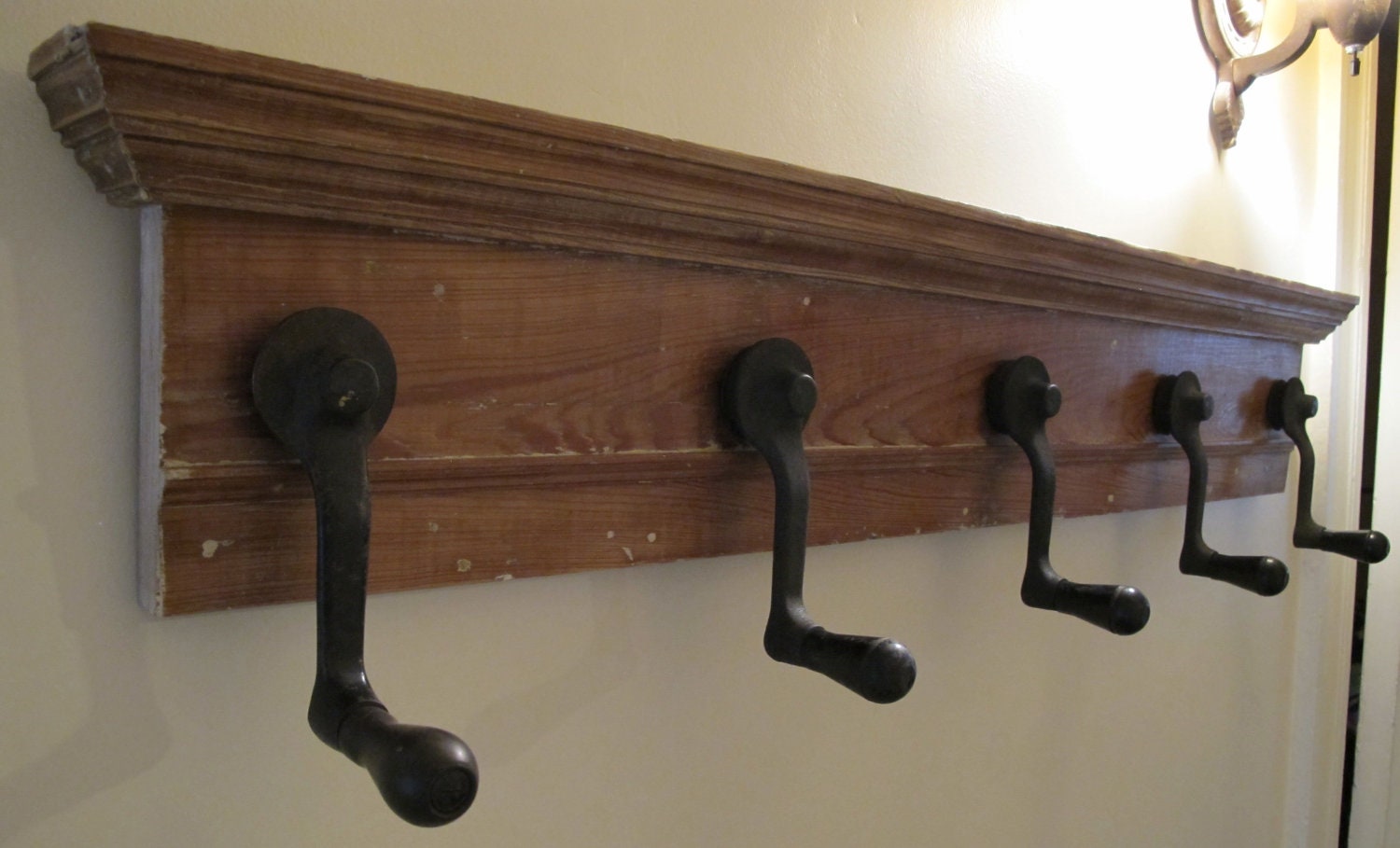 Repurposed Wood Door Trim, Hanging Coat Rack, Towel Rack, 5 Antique Cash Register, Crank Handles, Hooks