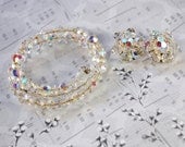 Vintage Jewelry Set, Wrap Bracelet, Clip-on Cluster Earrings, Glass Crystal, Aurora Borealis, 1950s 1960s Mad Men, Wedding Bridal Jewelry