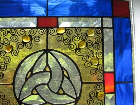 stained glass window panel celtic knot-bevel center, copper wire, gems- geometric design-home decor window treatment special wedding gift