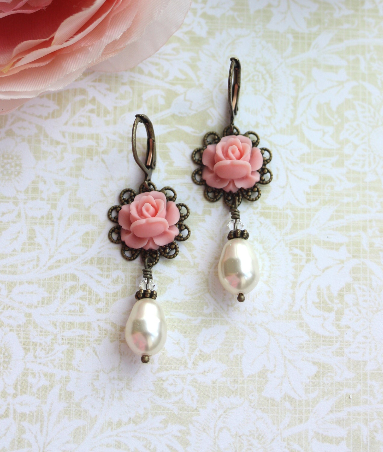 A Sweet Day.  A Small Soft Pink Rose Bud Ivory Pearl Earrings. Vintage Style Inspired. For Her. Bridesmaids Gifts.
