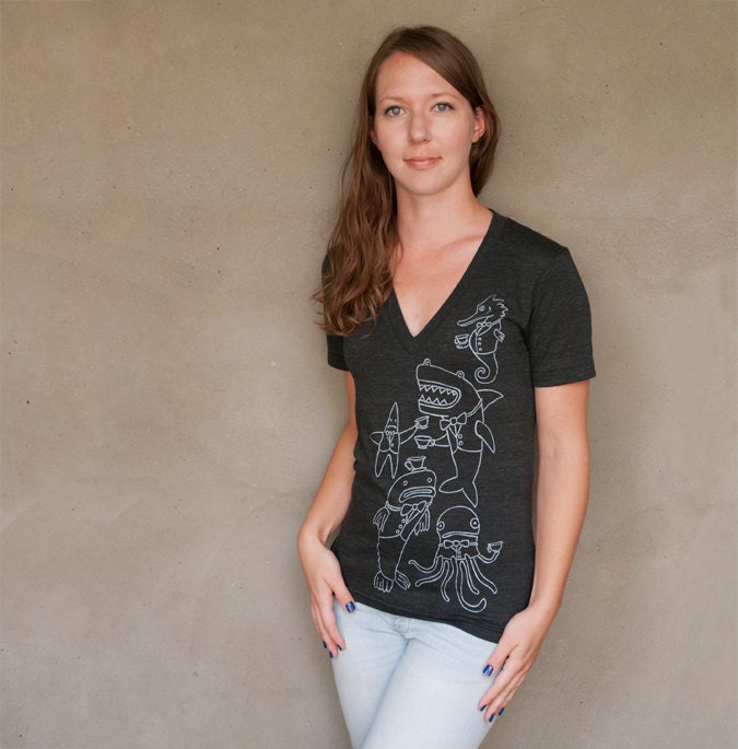 Underwater Tea Party Deep V-neck - hand printed t-shirt - silk screened American Apparel shirt