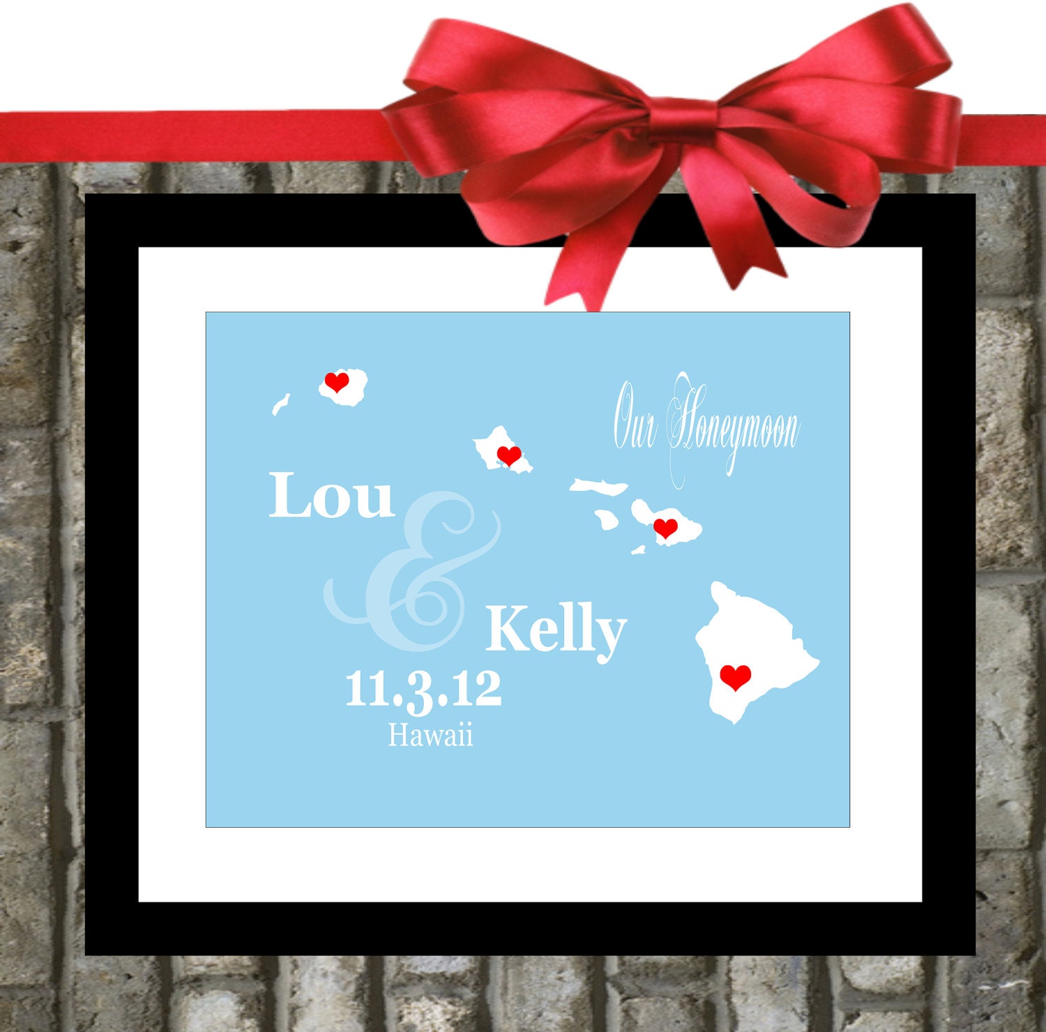 Personalized Hawaii Wedding Gift: Custom Map Print for Newlyweds, Honeymoon Locations For Couples Love Hearts Custom Maui Art 8x10
