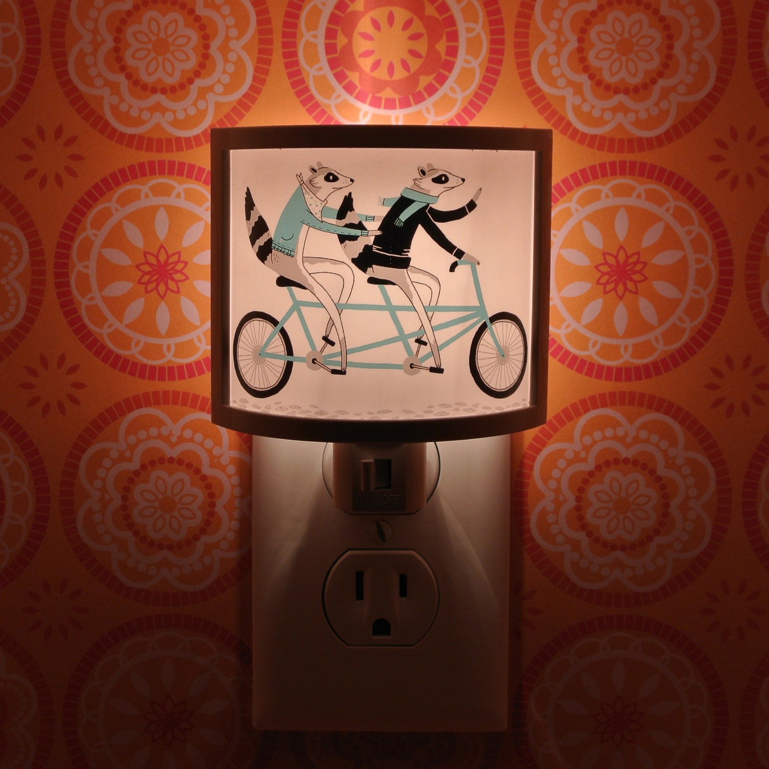 Raccoon Bike Ride bicycle Cute Nursery Bathroom hallway Bedroom GET IT nightlight Nite Lite