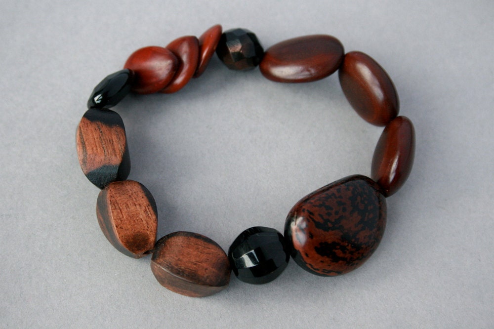 wood bracelet with natural seeds and nuts - natural jewelry - stretch bracelet - eco friendly jewelry