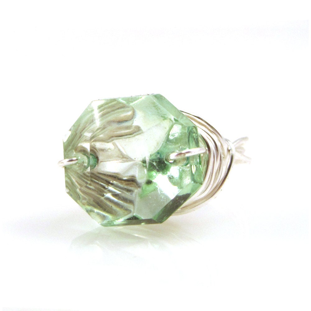 Green Cocktail Ring, Crystal Bling Ring Silver Wire Wrapped Setting - manictrout