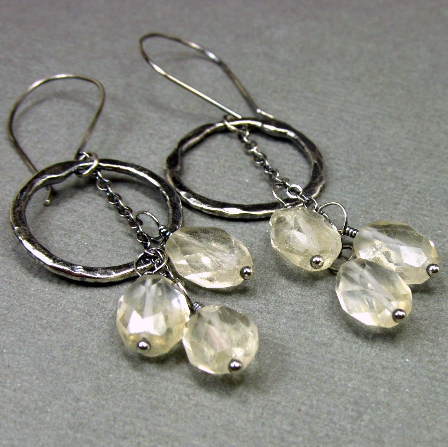 Yellow Chandelier Earrings Genuine Citrine Gemstone & Fine Silver (.999) Hoops Boho Chic Earrings