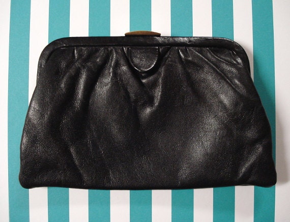 Black Leather Frame Clutch with Gold Clasp and Chain Strap- Vintage 1960s 1970s