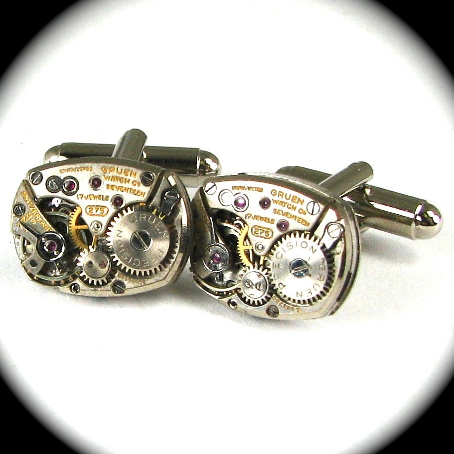 UNIQUE Steampunk Cuff Links Featuring Beveled Rectangular Clockwork Movements by Nouveau Motley