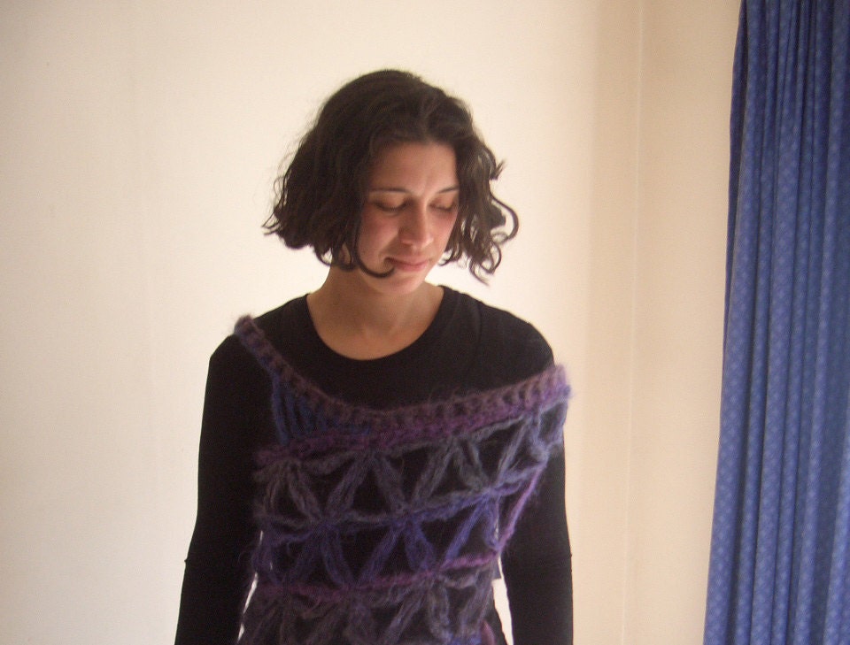 Blue Purple Grey Mohair Blend Asymmetrical Petal Stitch Poncho - Soft 50-50 Mohair and Acrylic Yarn Blend