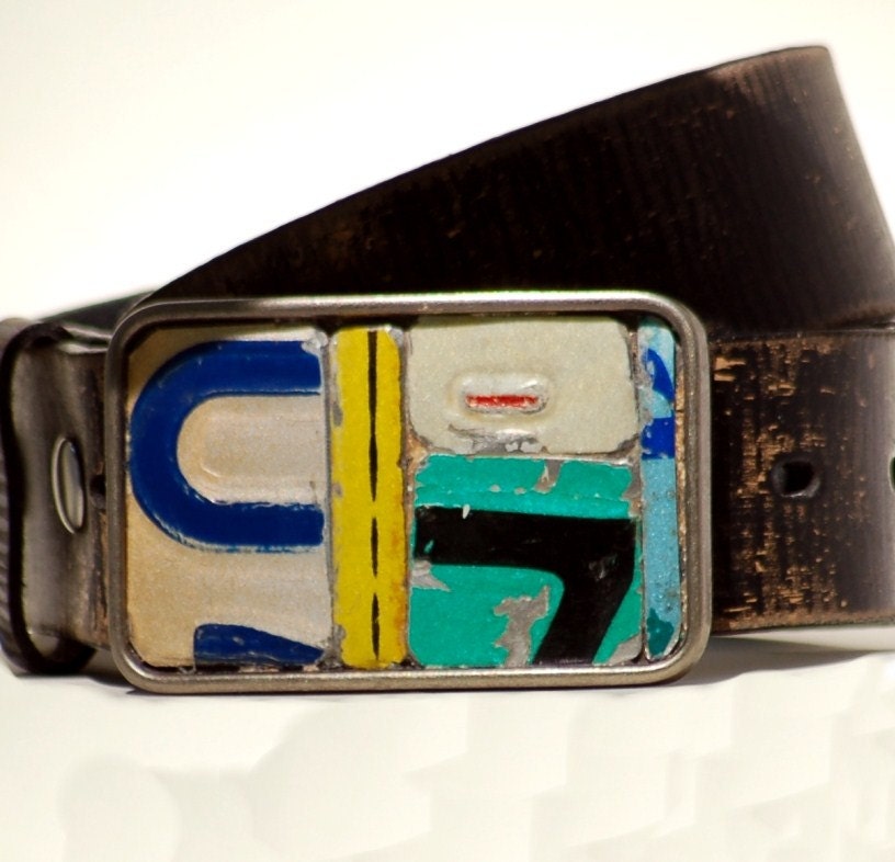 Metal Mosaic Belt Buckle Vintage License Plate