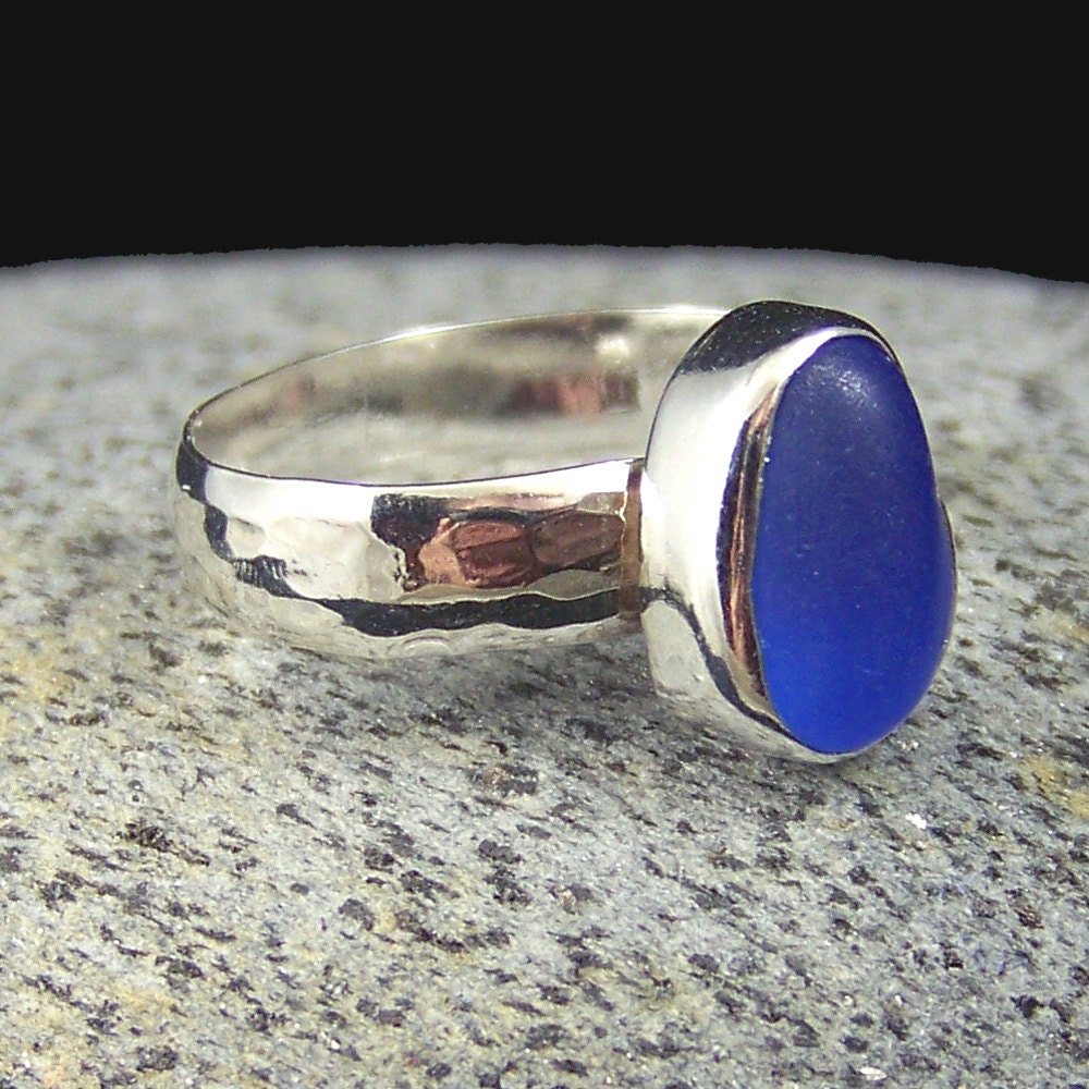 Genuine Cornflower Blue Sea Glass Ring Bezel Set in Sterling Silver Size 6.5