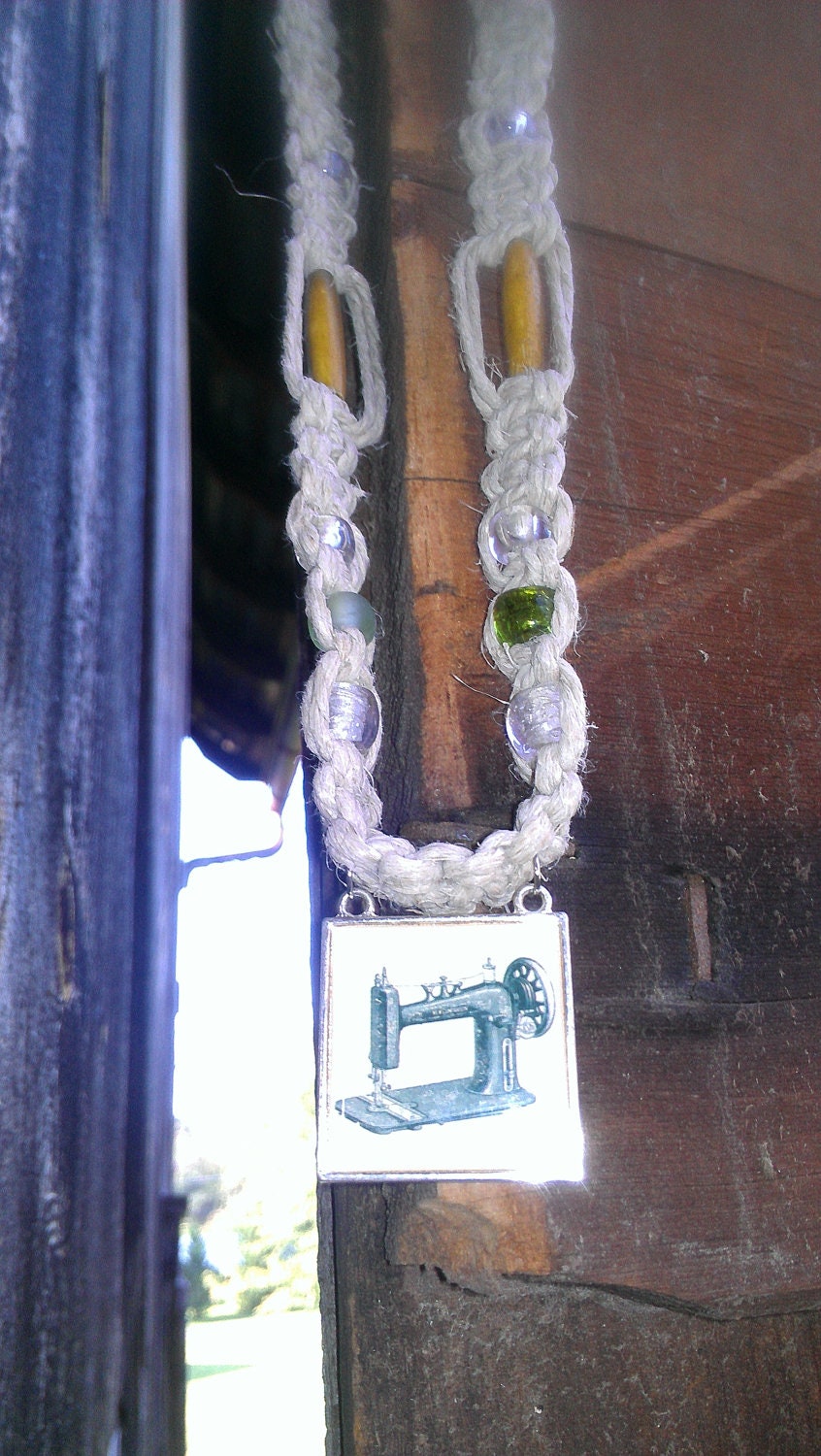 Hemp Necklace with Sewing Machine Pendant and Vintage Beads