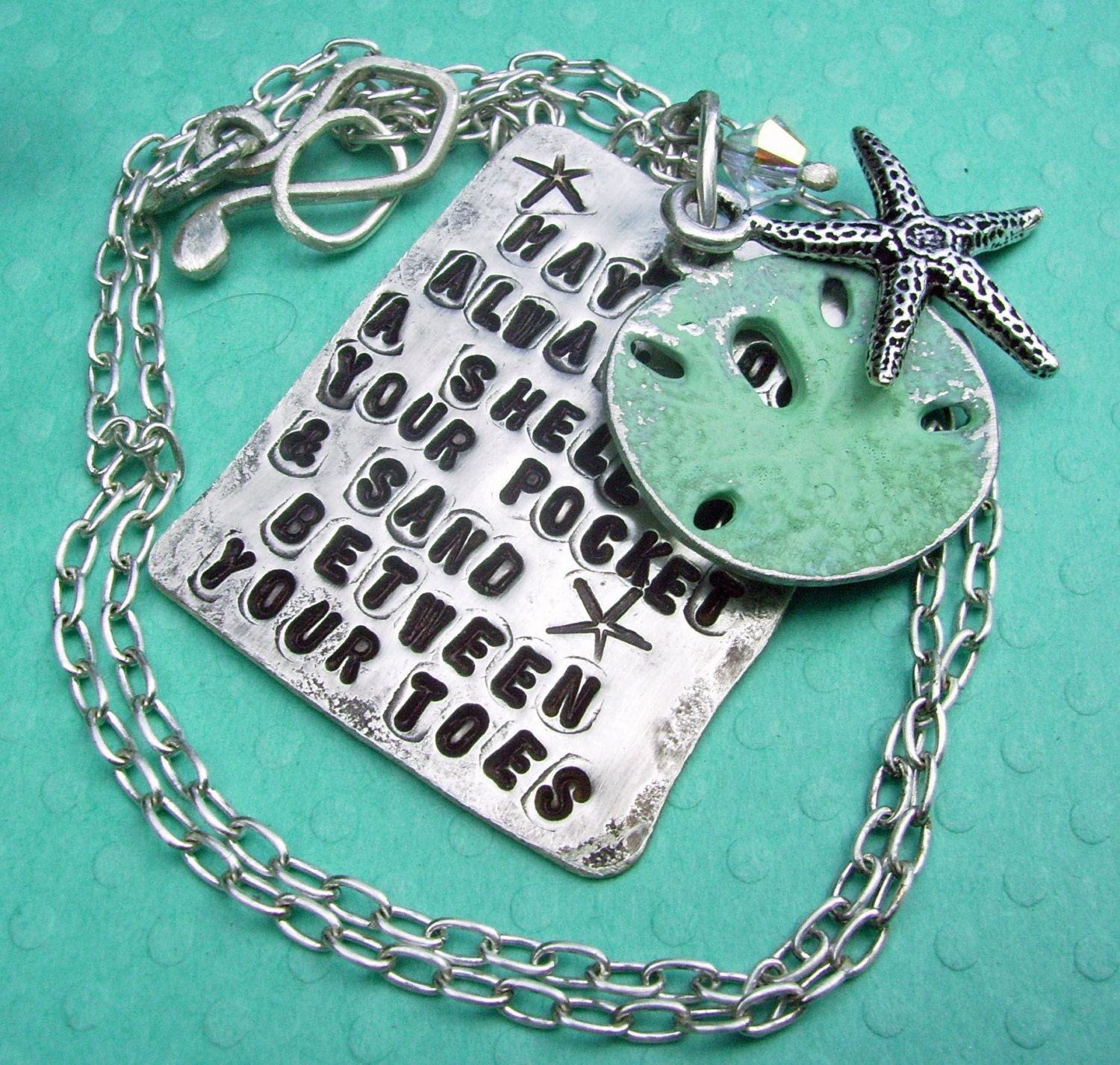 Beach themed SCRIPTZ Hand Stamped Poem Charm Necklace - sterling silver w Silver Starfish and Patina Sanddollar Charm Dangle